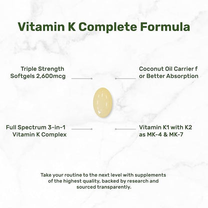 DEAL SUPPLEMENT Premium Vitamin K Complete - High Potency Vitamin K2 (MK-7 and MK-4) & K1, 240 Coconut Oil Infused Softgels - Full Spectrum Triple Vitamin K, Optimal Bone & Heart Health Support