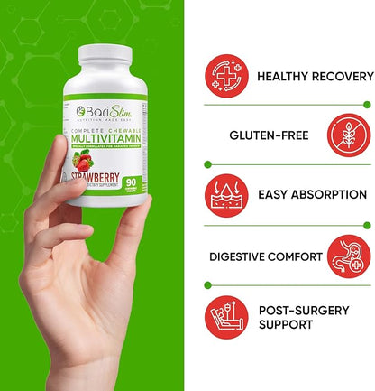 BariSlim Chewable Bariatric Multivitamin - 45mg Iron - Tailored for Post Bariatric Surgery, Including Gastric Bypass & Gastric Sleeve - Support Your Recovery Journey | Strawberry Flavor