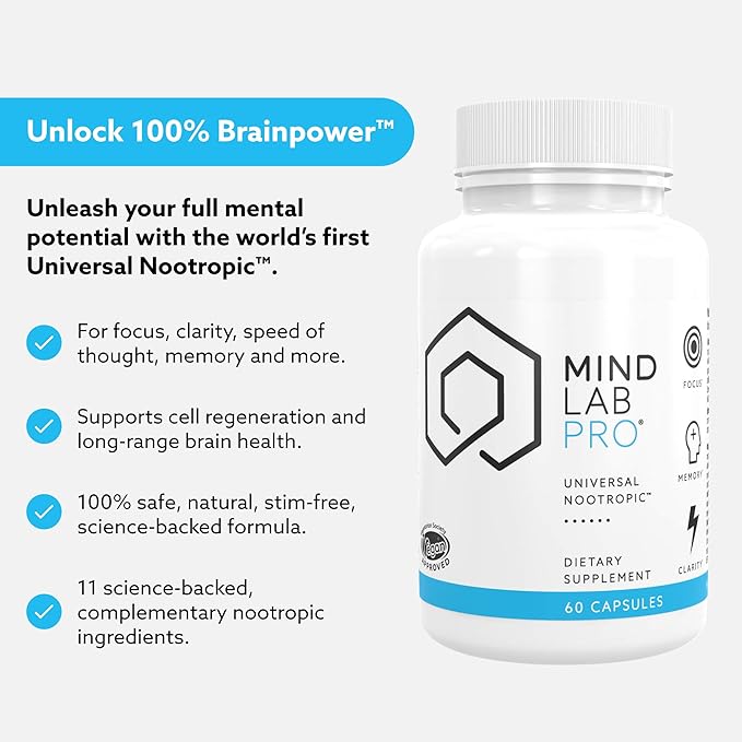 Mind Lab Pro® Universal Nootropic™ Brain Booster Supplement for Focus, Memory, Clarity, Energy - 60 Capsules - Plant-Based, Naturally Sourced Memory Vitamins for Better Brain Health