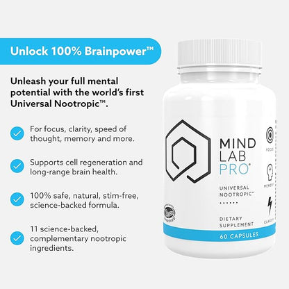 Mind Lab Pro® Universal Nootropic™ Brain Booster Supplement for Focus, Memory, Clarity, Energy - 60 Capsules - Plant-Based, Naturally Sourced Memory Vitamins for Better Brain Health