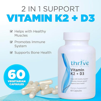 Thrive Good Vitamin K2 D3 - Multivitamin for Women & Men, Daily Dietary Supplement with Vitamin K MK-7, Vitamin D3, Calcium & Black Pepper Fruit Extract - Formulated & Made in USA - 60 Veggie Capsules