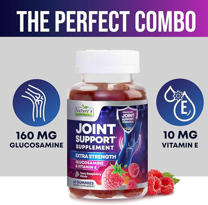 Joint Support Supplement - Extra Strength Glucosamine Joint Support Gummy - Joint Health Support & Flexibility for Back, Knees, & Hands - Vitamin E for Immune Support for Women & Men - 60 Gummies