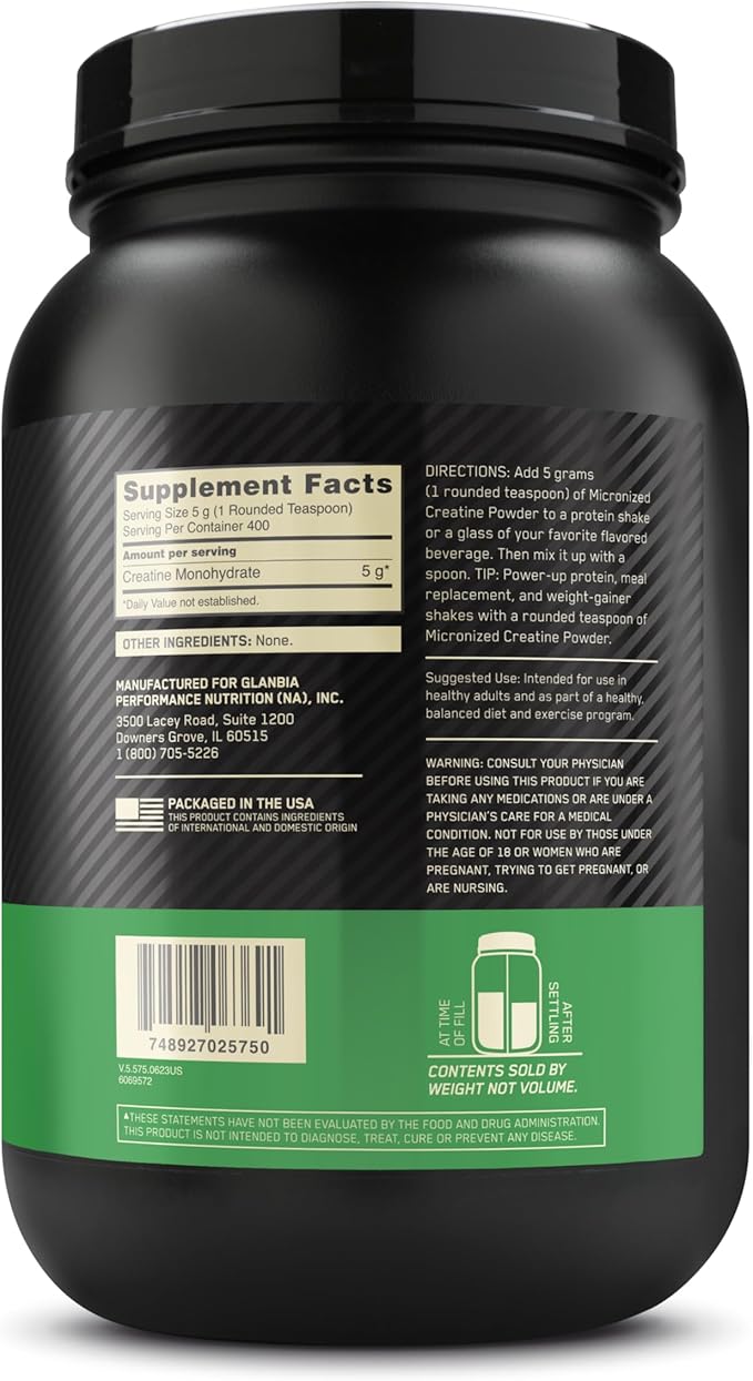 Optimum Nutrition Micronized Creatine Monohydrate Powder, Unflavored, Keto Friendly, 400 Servings (Packaging May Vary)