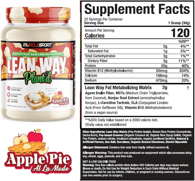 Musclesport Lean Way Plant Protein - Pea Protein and Brown Rice Protein Blend, with Added CLA, MCT and L-Carnitine - 20 Servings (Apple Pie)