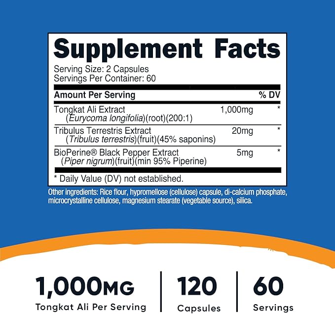 Nutricost Tongkat Ali 1,000mg 120 Capsules - with Tribulus Terrestris and BioPerine, Vegetarian Caps, Non-GMO, Gluten Free, Potent Extract