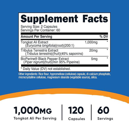 Nutricost Tongkat Ali 1,000mg 120 Capsules - with Tribulus Terrestris and BioPerine, Vegetarian Caps, Non-GMO, Gluten Free, Potent Extract