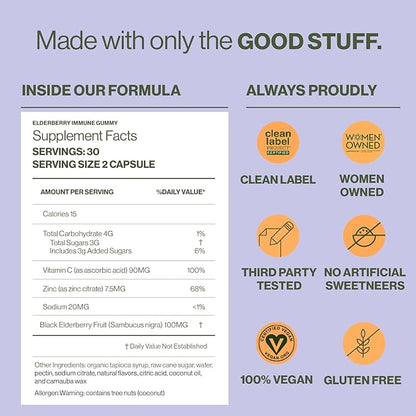 Hilma Elderberry Gummies Formulated with Vitamin C & Zinc - Natural, Vegan + Clinically Proven Ingredients - Immune Support Supplement + Antioxidants - Natural Berry Flavor (60 Gummies)
