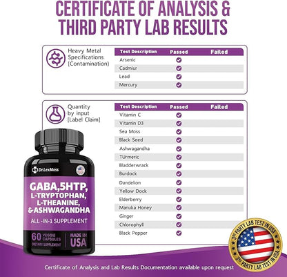 GABA 750mg 5 HTP 200mg L Tryptophan 500mg L Theanine 200mg Ashwagandha 3000mg SAM-e L-Glycine Mood Support Vitamins for Women and Men with L-Tyrosine Made in USA 60 Count