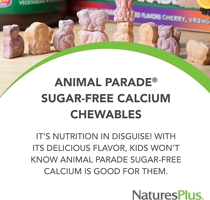 NaturesPlus Animal Parade Sugar-Free Children's Calcium, Vanilla Sundae Flavor - 90 Chewable Animal Shaped Tablets - Magnesium for Bone Health - Gluten Free - 45 Servings