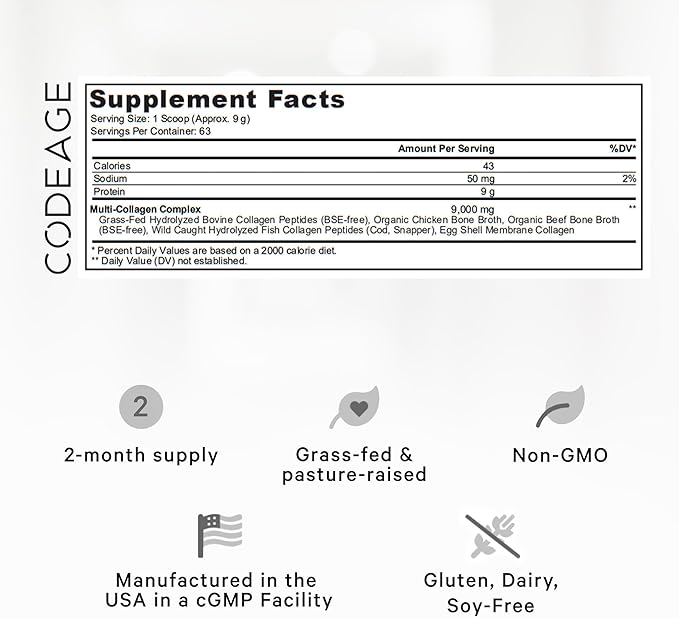Codeage Multi Collagen Protein Powder Peptides, 2-Month Supply, Hydrolyzed, Type I, II, III, V, X Grass Fed All in One Super Bone Broth Collagen Supplement, Non-GMO, 20 Ounces
