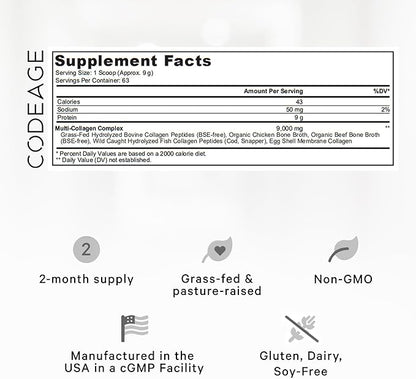 Codeage Multi Collagen Protein Powder Peptides, 2-Month Supply, Hydrolyzed, Type I, II, III, V, X Grass Fed All in One Super Bone Broth Collagen Supplement, Non-GMO, 20 Ounces