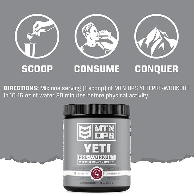 MTN OPS Yeti Monster Pre-Workout Powder Energy Drink 30-Serving Tub, Black Cherry