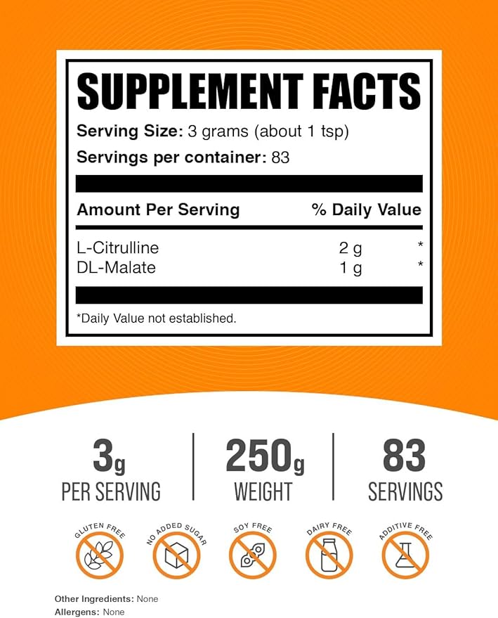 BulkSupplements.com L-Citrulline Malate 2:1 Powder - L Citrulline Malate Supplement, Citrulline Malate Powder - Unflavored & Gluten Free - 3g per Servings, 250g (8.8 oz) (Pack of 1)
