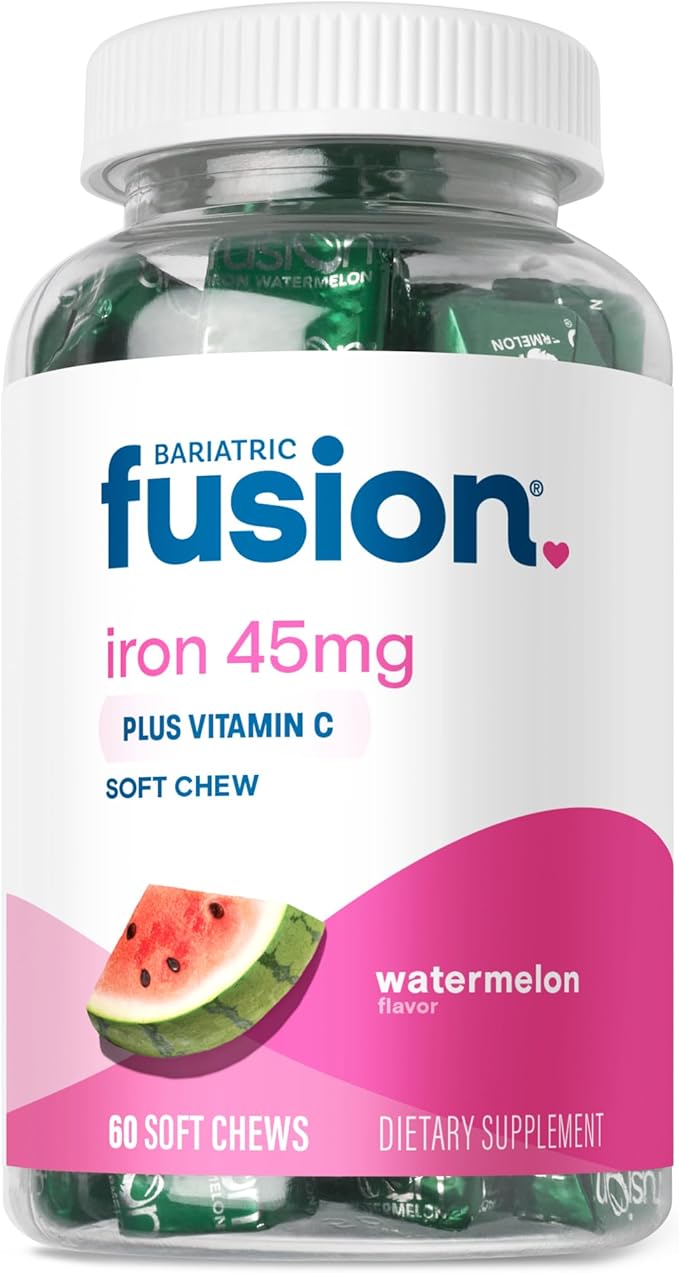 Bariatric Fusion Iron Soft Chew with Vitamin C | Watermelon Flavored | Chewy Vitamin for Bariatric Patients | Gluten Free | Iron Supplement for Women and Men | 60 Count | 2 Month Supply