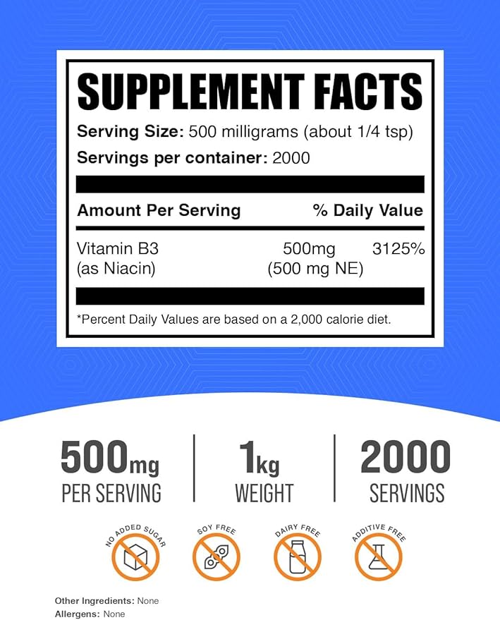 BulkSupplements.com Niacin Powder - Vitamin B3 Supplement, Niacin 500mg - Niacin Flush, Niacin with Flushing - Gluten Free, 500mg of Niacin per Serving, 1kg (2.2 lbs) (Pack of 1)