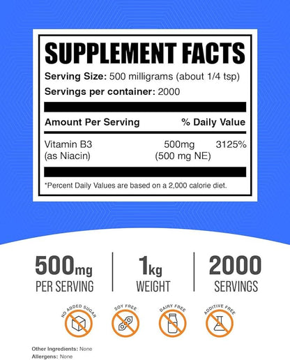 BulkSupplements.com Niacin Powder - Vitamin B3 Supplement, Niacin 500mg - Niacin Flush, Niacin with Flushing - Gluten Free, 500mg of Niacin per Serving, 1kg (2.2 lbs) (Pack of 1)