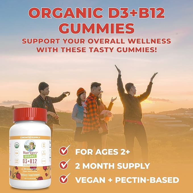 MaryRuth Organics's Vitamin D3 B12 Gummies | USDA Organic | 2 Month Supply | Vitamin D & B12 Vitamin Supplements for Adults & Kids | Bone Health | Healthy Energy Levels | Non-GMO | 60 Servings