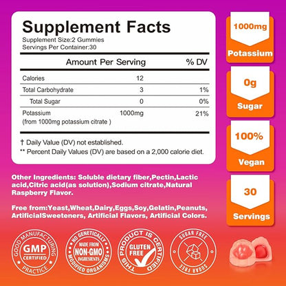Potassium Supplement Gummies 1000mg - Potassium Supplement for Leg Cramps, Muscle & Heart Health - 1 Month Supplement (60 Count)