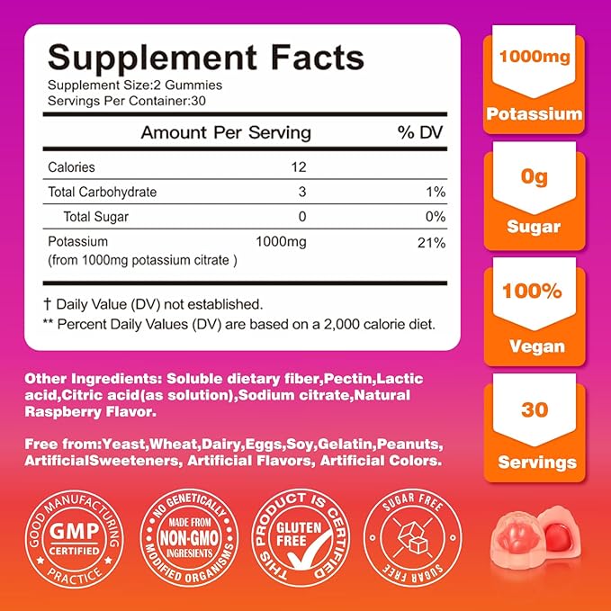 Potassium Supplement Gummies 1000mg - Potassium Supplement for Leg Cramps, Muscle & Heart Health - 1 Month Supplement (60 Count)