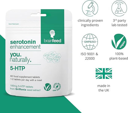 Serotonin Supplements (60) | 1-a-Day Serotonin Mood Support | 5HTP 100mg Per Tablet from Griffonia Seed Extract | Natural Serotonin Booster | 2 Month Supply