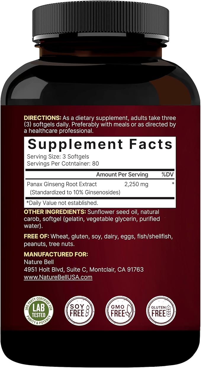 NatureBell Korean Red Ginseng 2,250mg Per Serving, 240 Softgels | Panax Ginseng Root, Standardized to 10% Ginsenosides, Non-GMO, Support Energy, Male Performance, & Immune System
