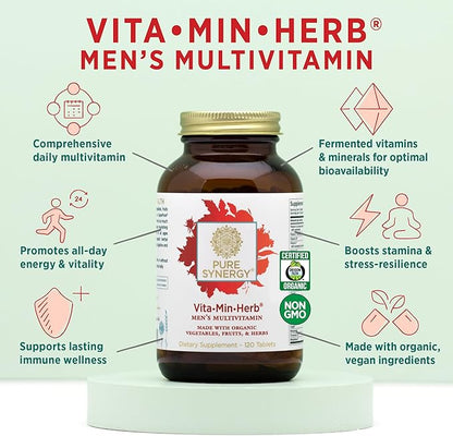 PURE SYNERGY Vita·Min·Herb for Men | Men’s Comprehensive Multivitamin Supplement | Made with Organic Whole Food Non-GMO Ingredients | Daily Energy & Immune Support (120 Tablets)
