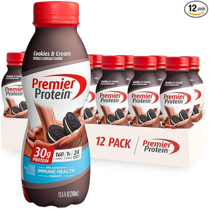 Premier Protein Shake, Cookies & Cream, 30g Protein, 1g Sugar, 24 Vitamins & Minerals, Nutrients to Support Immune Health 11.5 fl oz (12 Pack)