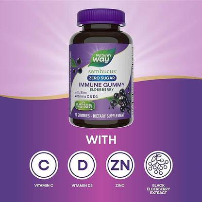 Nature’s Way Sambucus Zero Sugar Immune Gummies, Daily Immune Support*, Black Elderberry Extract, Vitamin C, Vitamin D3, Zinc, Sugar Free, Sugar Alcohol Free, Plant-Based Sweeteners, 70 Gummies