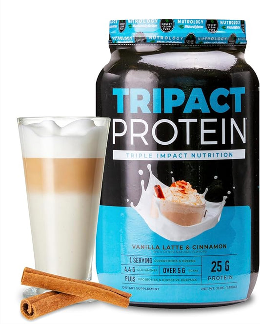 Nutrology TRIPACT Protein Powder, Vanilla Latte Cinnamon Flavor, 7-in-1 Meal Replacement Shake with Grass Fed Whey Protein Powder, Pea Protein Powder, Greens, Probiotics & BCAAs, 40 Servings