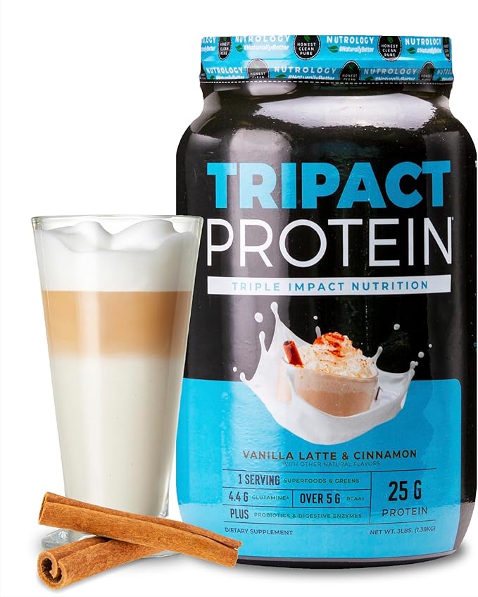 Nutrology TRIPACT Protein Powder, Vanilla Latte Cinnamon Flavor, 7-in-1 Meal Replacement Shake with Grass Fed Whey Protein Powder, Pea Protein Powder, Greens, Probiotics & BCAAs, 40 Servings