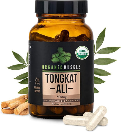 Organic Muscle Tongkat Ali for Men, 500mg - Pure & Potent USDA Eurycoma Longifolia Root Supplement 60 Count – Wild Grown Men's Health Hormone Support for Male Performance, Drive & Energizer