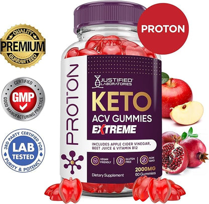 (2 Pack) Proton Protein Keto ACV Gummies Extreme 2000MG Proton Keto Gummies Apple Cider Vinegar Formulated with Pomegranate Beet Juice Powder B12 Vegan Non GMO 120 Gummys