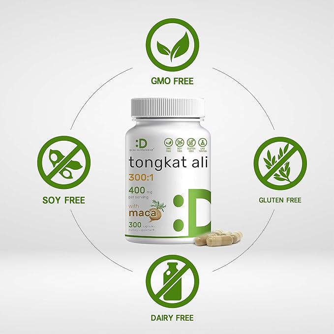 DEAL SUPPLEMENT Tongkat Ali Extract 300:1 400mg & Maca Root 400mg | 300 Capsules, Ultra Strength Longjack (Eurycoma Longifolia) + Peru Maca – Non-GMO, Herbal Supplement for Men Health, Performance