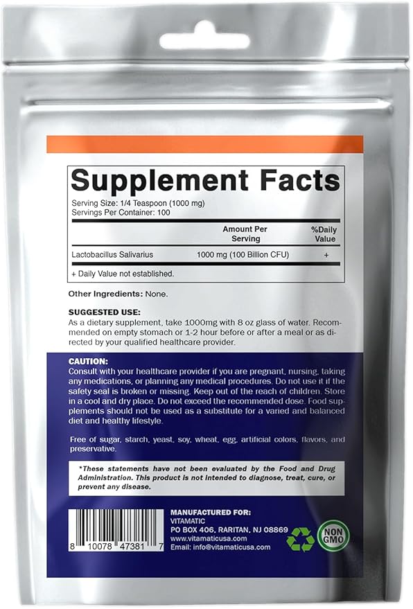 Vitamatic Lactobacillus Salivarius Probiotic Powder - Digestive Support - 100 Gram (3.5 OZ) - 100 Servings