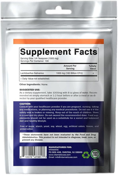 Vitamatic Lactobacillus Salivarius Probiotic Powder - Digestive Support - 100 Gram (3.5 OZ) - 100 Servings