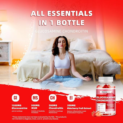 Glucosamine Chondroitin Gummies - Extra Strength Joint Support Supplement with MSM & Elderberry for Natural Joint, Antioxidant Immune Support for Adults, Men & Women 90 Strawberry Gummies