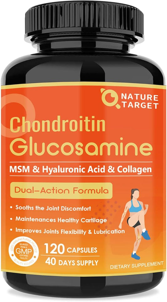 NATURE TARGET Glucosamine Chondroitin Joint Support Supplement - Plus MSM, Collagen, Turmeric, Shellfish Free, Supports Joint, Knees, Cartilage, for Men & Women, 120 Caps
