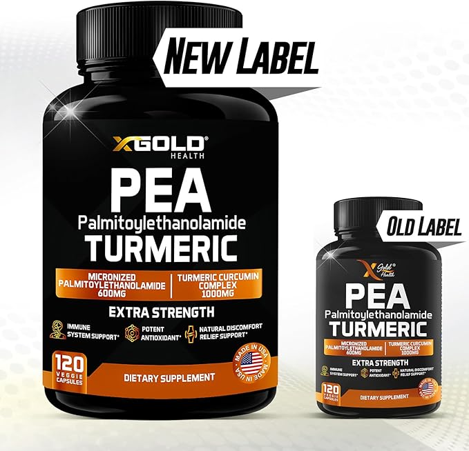 Palmitoylethanolamide 600mg + Turmeric Curcumin Complex 1000mg: Micronized Pea 99% Highly Purified and Bioavailable - Made in USA - Supplement for Men and Women - 120 Veggie Capsules
