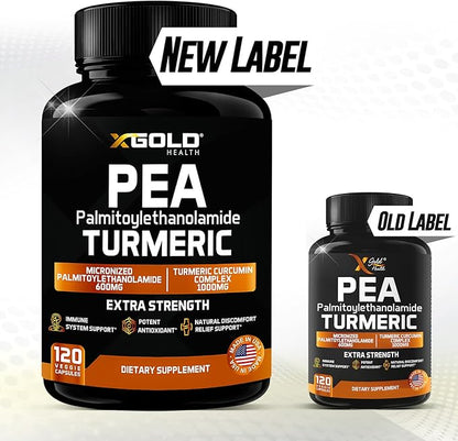 Palmitoylethanolamide 600mg + Turmeric Curcumin Complex 1000mg: Micronized Pea 99% Highly Purified and Bioavailable - Made in USA - Supplement for Men and Women - 120 Veggie Capsules