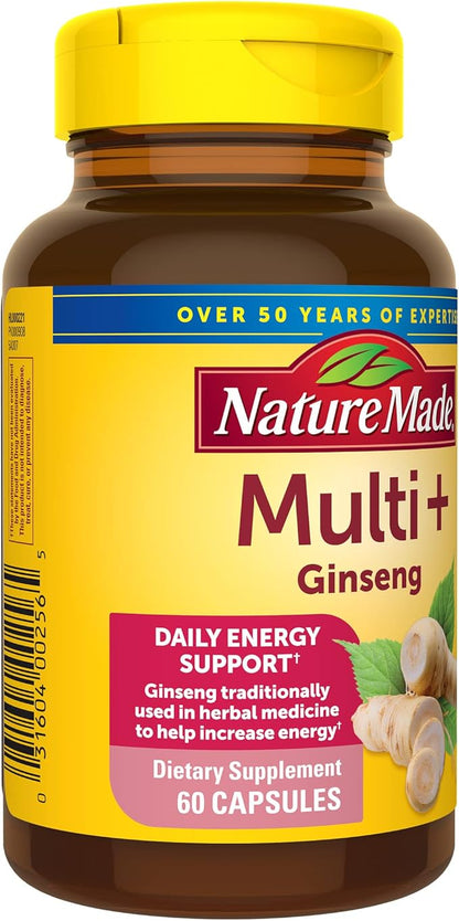 Nature Made Multi + Ginseng, Daily Energy Multivitamin for Adults, One Per Day Vitamin, 60 Capsules