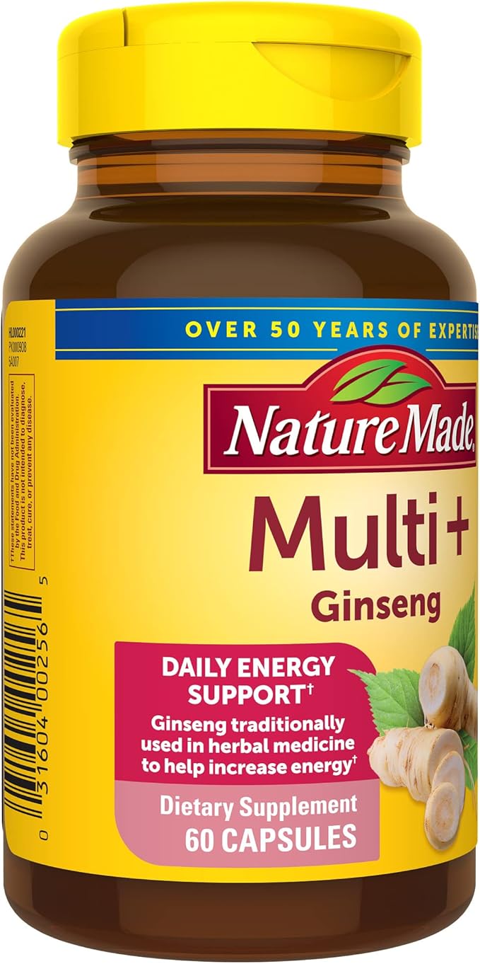Nature Made Multi + Ginseng, Daily Energy Multivitamin for Adults, One Per Day Vitamin, 60 Capsules