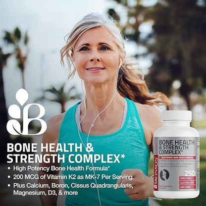 Bronson Bone Health & Strength Complex* High Potency Formula 200 MCG of Vitamin K2 as MK7, Plus Calcium, Boron, Cissus Quadrangularis, Magnesium, Vitamin D3, and More - Non-GMO, 60 Tablets