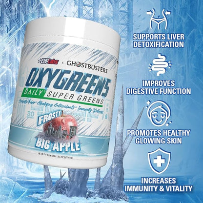 EHP Labs x Ghostbusters OxyGreens Super Greens Powder - Spirulina & Chlorella Superfood, Green Juice Powder with Prebiotic Fibre, Antioxidants & Immunity Support, 30 Serves (Frosty Big Apple)