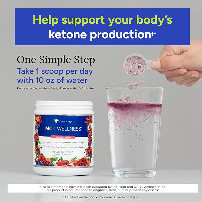 Gundry MD MCT Wellness Powder to Support Energy, Ketone Production and Brain Health, Keto Friendly, Sugar Free (30 Servings) (Raspberry Medley)