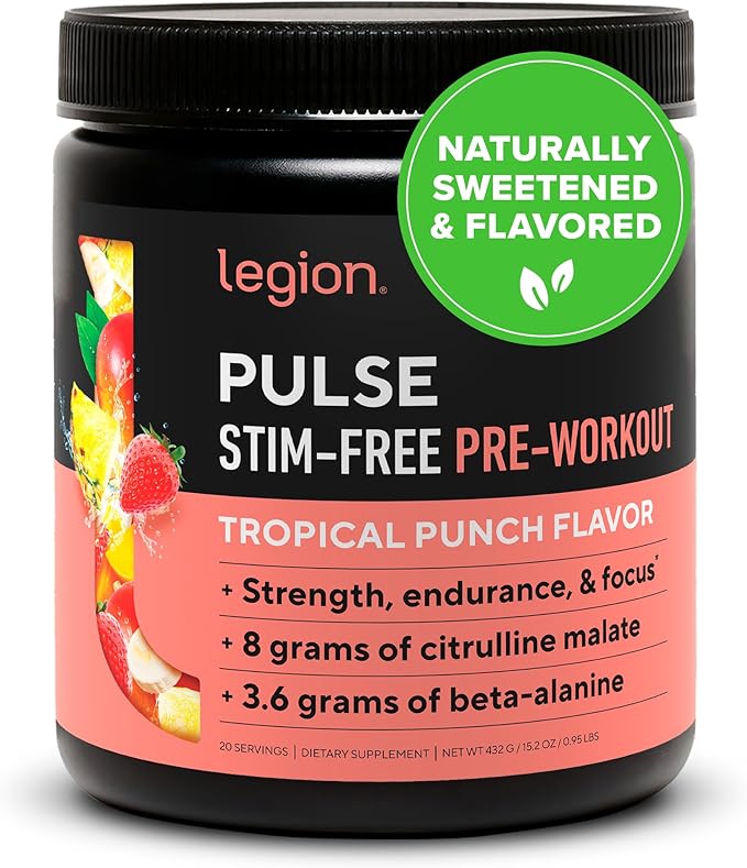 LEGION Pulse Pre Workout Supplement - All Natural Nitric Oxide Preworkout Drink to Boost Energy, Creatine Free, Naturally Sweetened, Beta Alanine, Citrulline, Alpha GPC (Caffeine Free Tropical Punch)