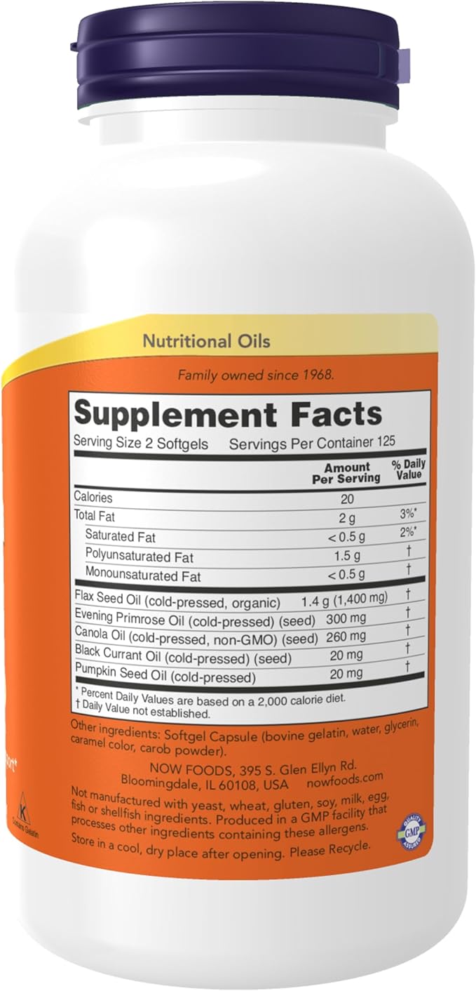 NOW Supplements, Omega 3-6-9 1000 mg with a blend of Flax Seed, Evening Primrose, Canola, Black Currant and Pumpkin Seed Oils, 250 Softgels