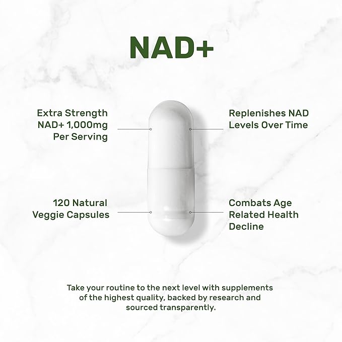 NAD+ Supplement 1,000mg Per Serving, 120 Veggie Capsules – Extra Strength NAD Booster – Healthy Aging, Energy, & Brain Support – Similar to Nicotinamide Riboside – Non-GMO