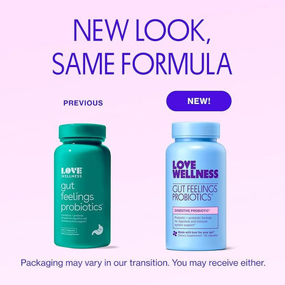 Love Wellness Gut Feelings Probiotic | Gut Health for Women, Digestion Relief & Immune Support Supplement | Womens Probiotic for Gas Relief | 3 Billion CFU | Safe Prebiotic and Postbiotic | 30 Count