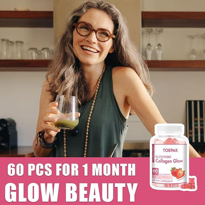 Multi Collagen Protein Glow Beauty Collagen Gummies, Women's Anti-Aging Support with Glutathione, Biotin & Multivitamins, Promotes Skin & Hair Health, Strawberry, 180 Gummies (90 Days)