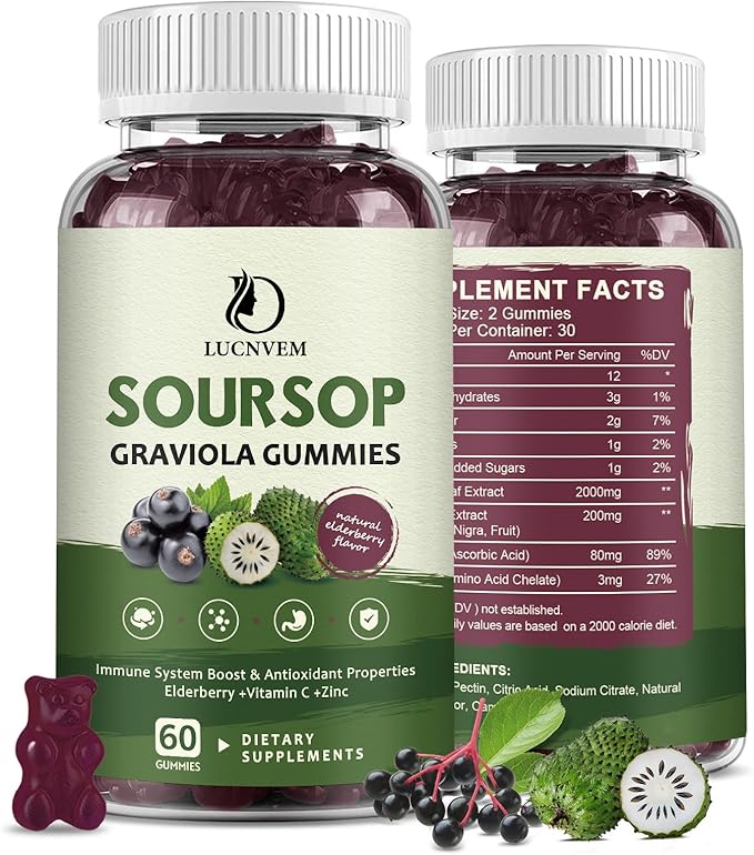 Soursop Graviola Gummies with Elderberry, Soursop Leaves with Elderberry Extract Rich in Multivitamin for Natural Antioxidant, Cell Support & Regeneration, Immune Boost & Skin - 30 Day Supply